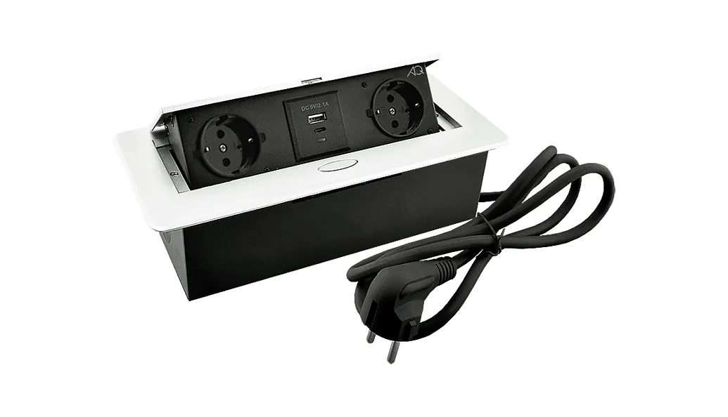 Блок розеток приямоугольный поворотный, 2 розетки, 1 USB-A, 1 Type-C, белый IP20 PLUG-X AQ