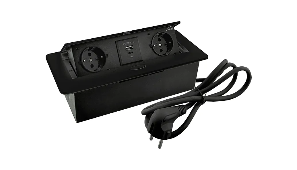 Блок розеток приямоугольный поворотный, 2 розетки, 1 USB-A, 1 Type-C, чёрный IP20 PLUG-X AQ